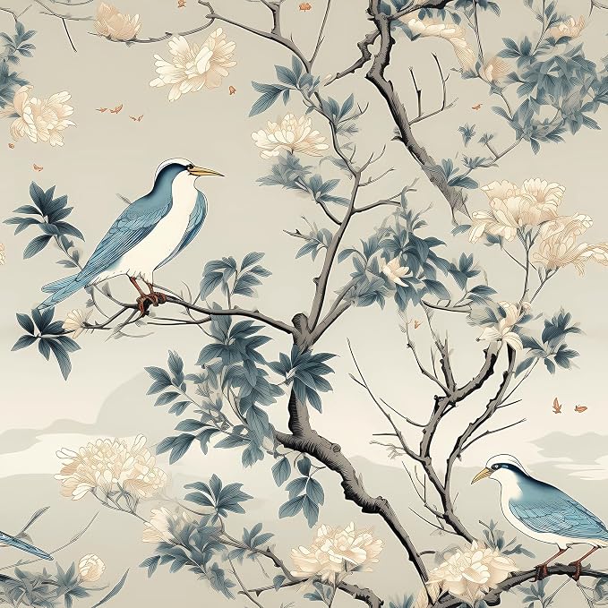 LACHEERY Vintage Blue Bird Wallpaper Floral Peel and Stick Wallpaper Birds Vintage Blue Bird Contact Paper Floral Wall Paper Chinoiserie Tree Branch Beige Flower for Bathroom Walls Cabinets 17.5″x79″
