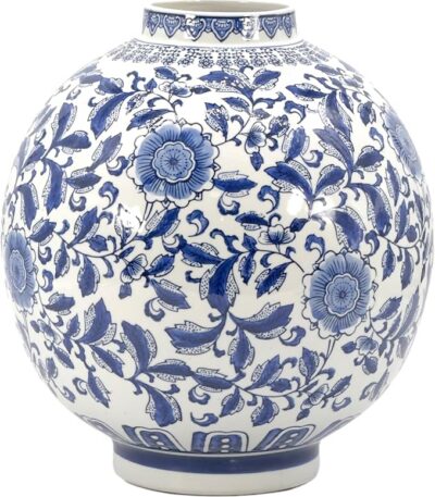 Galt International Blue & White Ceramic Floral Chinoiserie Globe Vase 12″ Dia. – Round Bulb Shape Flower Vase Jar Classic Antique Home Decor