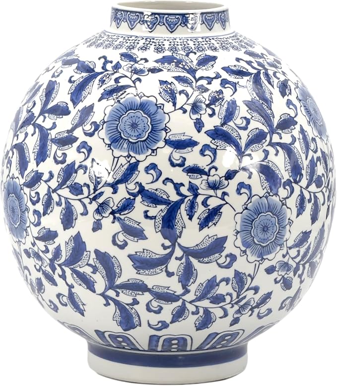 Galt International Blue & White Ceramic Floral Chinoiserie Globe Vase 12″ Dia. – Round Bulb Shape Flower Vase Jar Classic Antique Home Decor