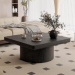 34.6″ Square Coffee Table for Living Room, Black | Thickened Tabletop, Artisanal Parquet Tabletop, Wood, Sturdy Cylindrical, Small Space, Easy to Assemble