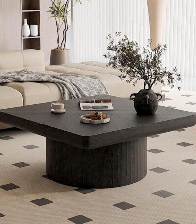 34.6″ Square Coffee Table for Living Room, Black | Thickened Tabletop, Artisanal Parquet Tabletop, Wood, Sturdy Cylindrical, Small Space, Easy to Assemble