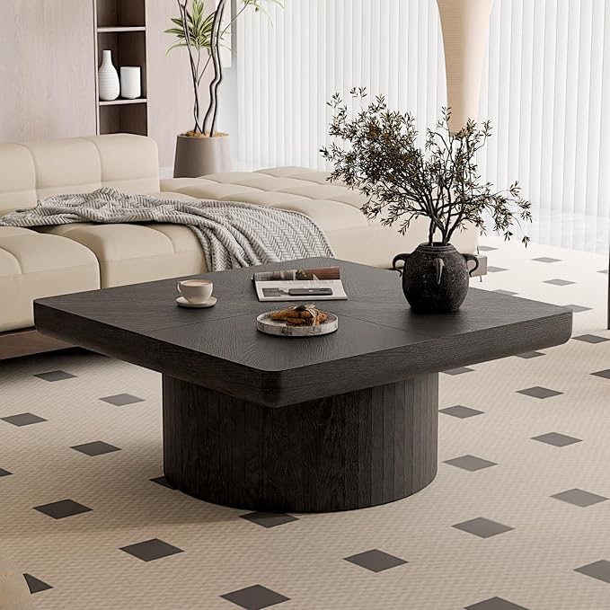 34.6″ Square Coffee Table for Living Room, Black | Thickened Tabletop, Artisanal Parquet Tabletop, Wood, Sturdy Cylindrical, Small Space, Easy to Assemble