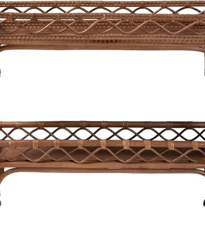 Bali & pari Fumiyo Natural Rattan Kitchen Cart | Handwoven Wicker Two-Tier Serving Cart, Raised Openwork Borders, Wheels