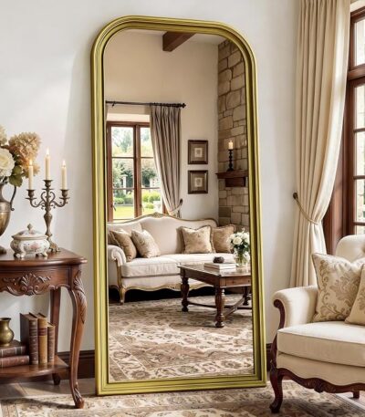 71″x32″ Full Length Mirror with Stand, Arched PU Frame | 71″x32″ Full Length Mirror with Arched PU Frame, Freestanding Stand, Wall Mount Option, Antique Silver