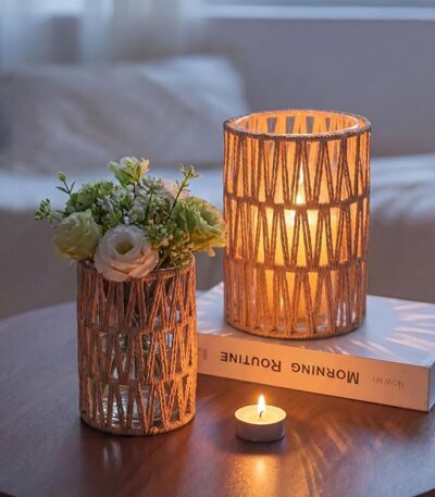NUPTIO Boho Lanterns, Set of 2 Rattan Pillar Candle Holders with Glass | Handwoven Rope Texture, Natural Tone, Glass Cylinder Protection, Coffee Table Decor, Farmhouse Style