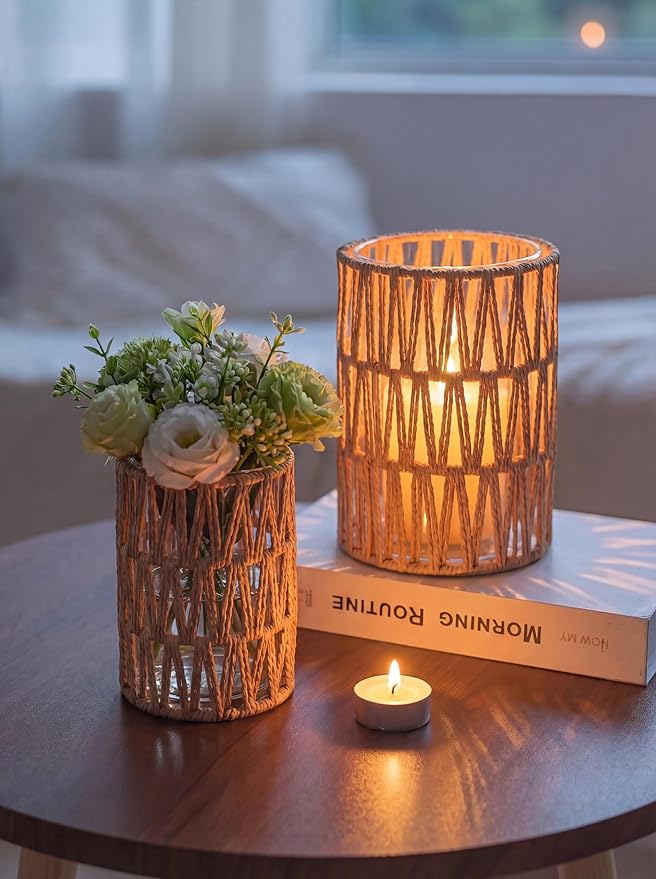 NUPTIO Boho Lanterns, Set of 2 Rattan Pillar Candle Holders with Glass | Handwoven Rope Texture, Natural Tone, Glass Cylinder Protection, Coffee Table Decor, Farmhouse Style