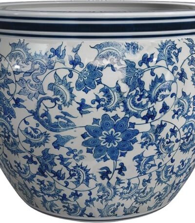 Red Lantern 16″ Floral Blue & White Porcelain Fishbowl Planter