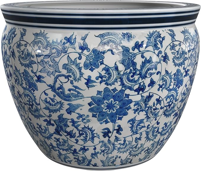 Red Lantern 16″ Floral Blue & White Porcelain Fishbowl Planter
