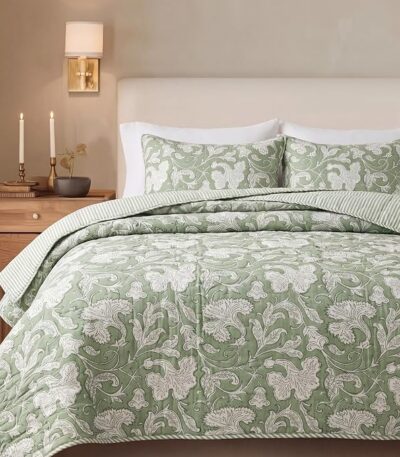 Block Print Reversible Cozy Quilt Sage Green Twin 60″ X 90″ Lightweight Blanket for Sofa, Couch, Bed Soft Breathable Comforter Handmade Bedspread Duvet for Farmhouse, Home, Winter