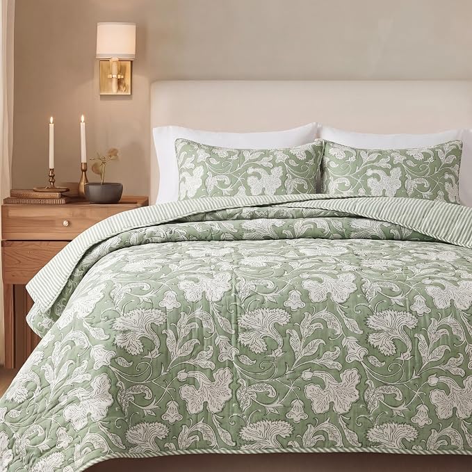 Block Print Reversible Cozy Quilt Sage Green Twin 60″ X 90″ Lightweight Blanket for Sofa, Couch, Bed Soft Breathable Comforter Handmade Bedspread Duvet for Farmhouse, Home, Winter