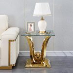 HomVent Glass End Table Side Table with Gold U Shape Stainless Steel Base | 23″Square Clear Tempered Glass Beside Table Nightstand Accent Table with Glass Top Stainless Steel for Living Room Bedroom