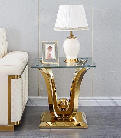 HomVent Glass End Table Side Table with Gold U Shape Stainless Steel Base | 23″Square Clear Tempered Glass Beside Table Nightstand Accent Table with Glass Top Stainless Steel for Living Room Bedroom