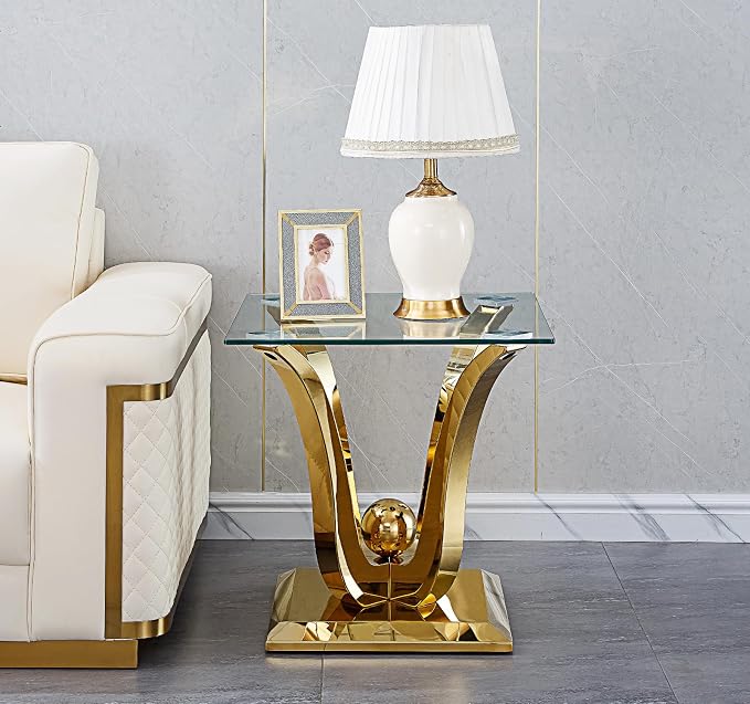 HomVent Glass End Table Side Table with Gold U Shape Stainless Steel Base | 23″Square Clear Tempered Glass Beside Table Nightstand Accent Table with Glass Top Stainless Steel for Living Room Bedroom