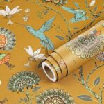 Livelynine Gold Chinoiserie Peel and Stick Wallpaper Birds Flowers Vintage Bird Floral Wallpaper Prepasted Mustard Yellow Teal Blue Green Oriental Asian Hummingbird Contact Paper Shelf Liner 17.5×78.8