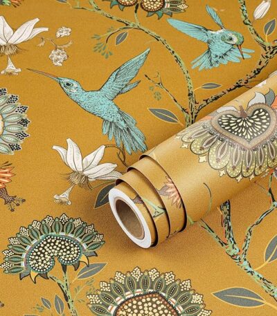 Livelynine Gold Chinoiserie Peel and Stick Wallpaper Birds Flowers Vintage Bird Floral Wallpaper Prepasted Mustard Yellow Teal Blue Green Oriental Asian Hummingbird Contact Paper Shelf Liner 17.5×78.8