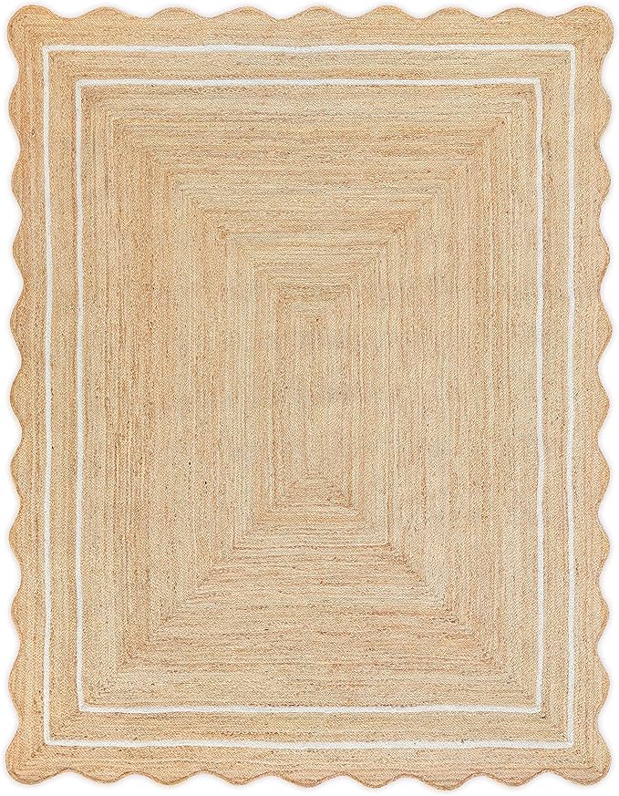 Wave Scalloped Natural Jute Rug, Off White, 8’x10′ | Boho Entryway Runner, Farmhouse
