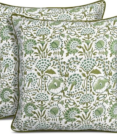 CPC 100% Cotton Throw Pillow Covers 20×20 Inch, Set of 2 Green Block Print Pattern Couch Pillow, Cute Boho Decorative Pillows for Living Room, Bedroom with Hidden Zipper- Agate Green