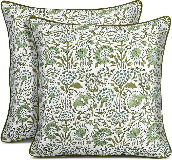 CPC 100% Cotton Throw Pillow Covers 20×20 Inch, Set of 2 Green Block Print Pattern Couch Pillow, Cute Boho Decorative Pillows for Living Room, Bedroom with Hidden Zipper- Agate Green